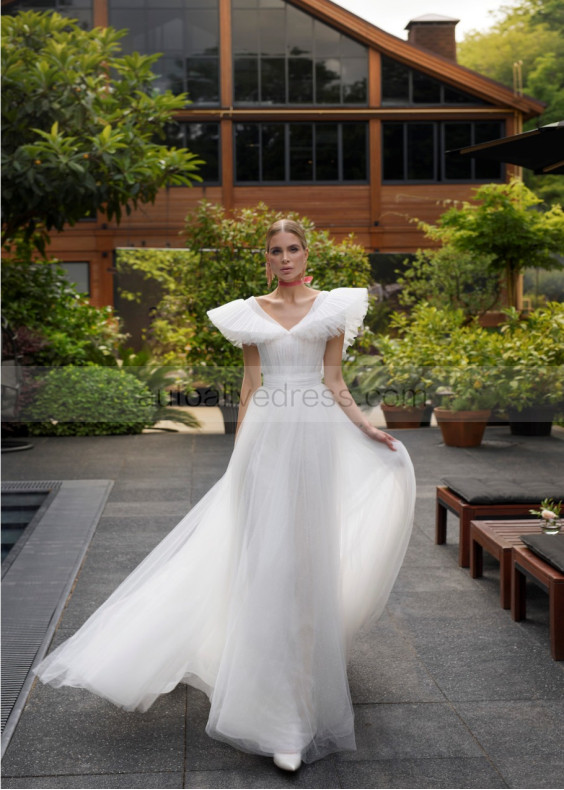V Neck Ivory Pleated Tulle Glitter Wedding Dress